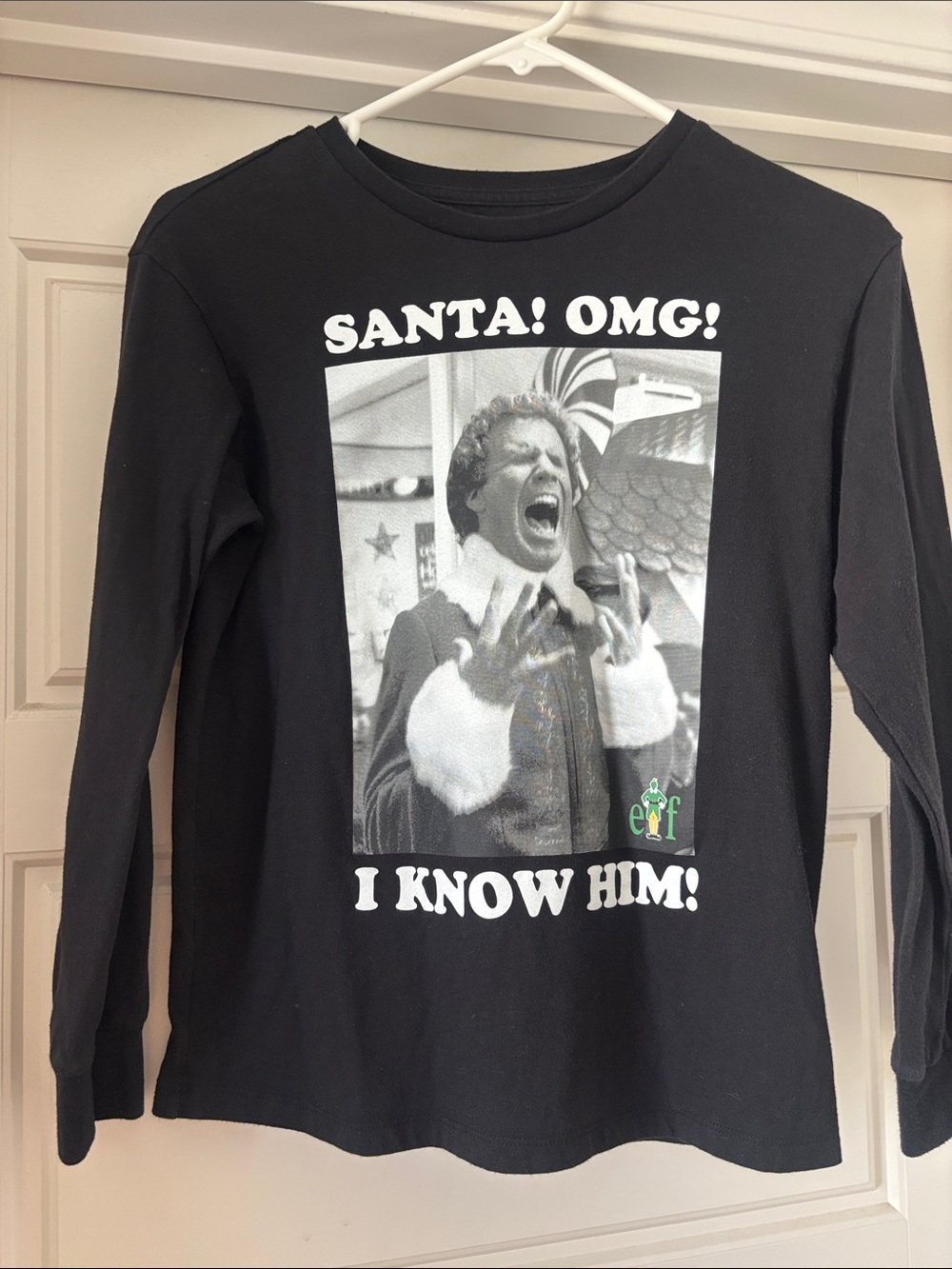 ELF Black Long Sleeve Tee with White Holiday Text and Monochrome Graphic